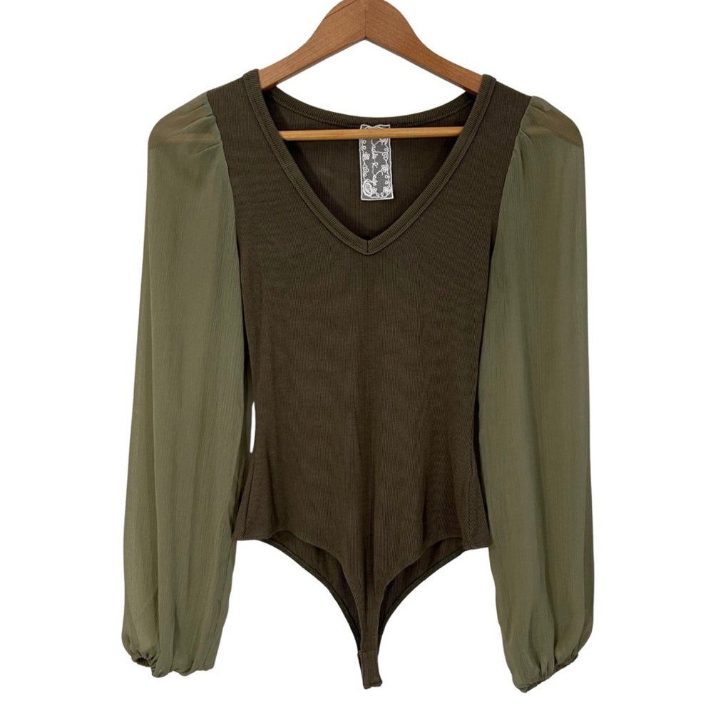 Sadie & Sage Body Suit Size Small Long Sheer Sleeve Olive Green V-Neck